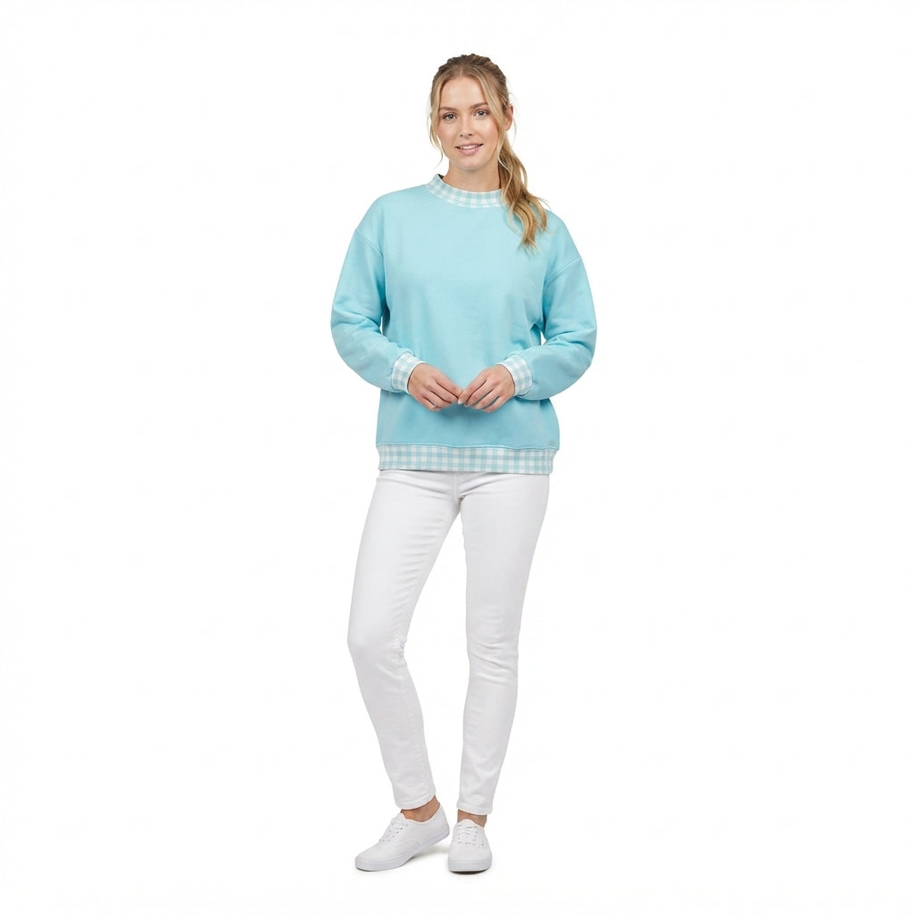 NO MOQ RTS GT1795 Women Clothes Solid Light Blue Plain Long Sleeve Gingham Trim Sweatshirt 202610
