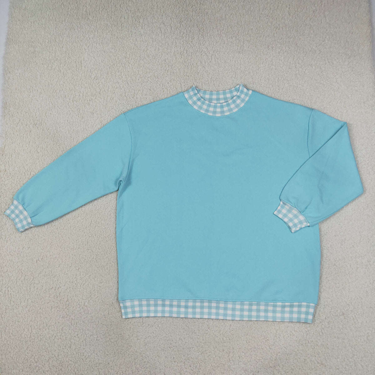 NO MOQ RTS GT1795 Women Clothes Solid Light Blue Plain Long Sleeve Gingham Trim Sweatshirt 202610