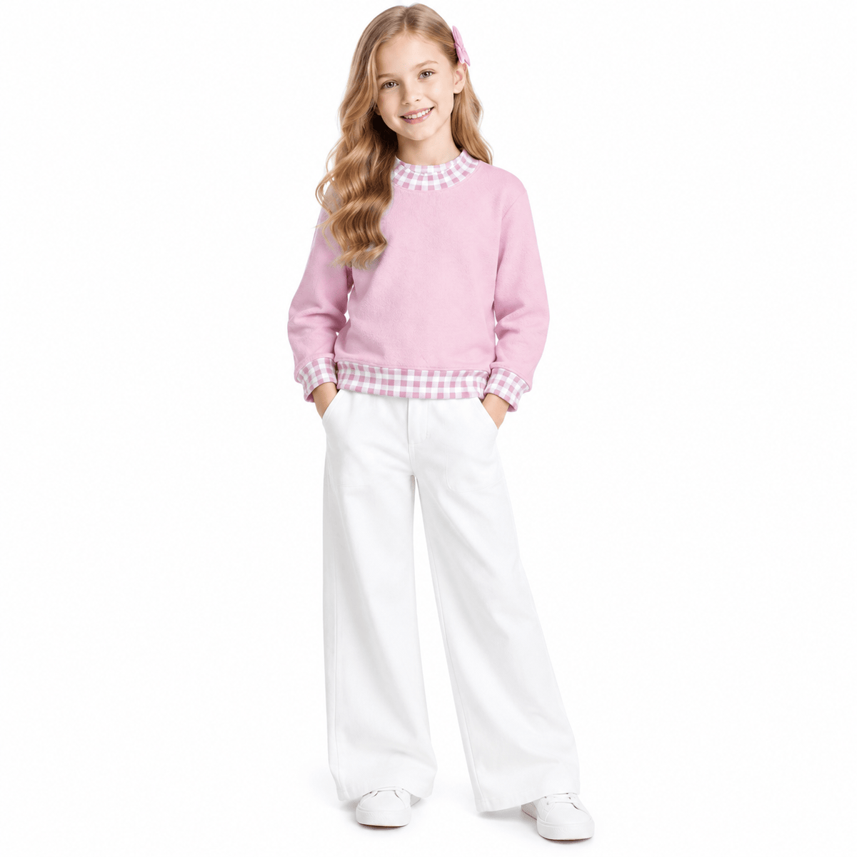 NO MOQ RTS GT1798 Baby Girl Clothes Pink Gingham Patchwork Solid Long Sleeve Top 202610