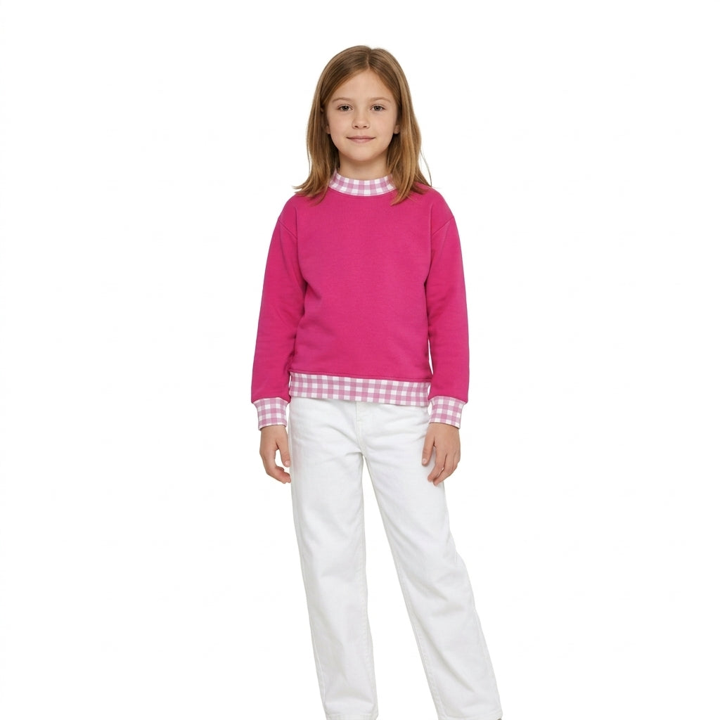 NO MOQ RTS GT1800 (2) Baby Girl Clothes Hot Pink Gingham Patchwork Solid Long Sleeve Top 202610