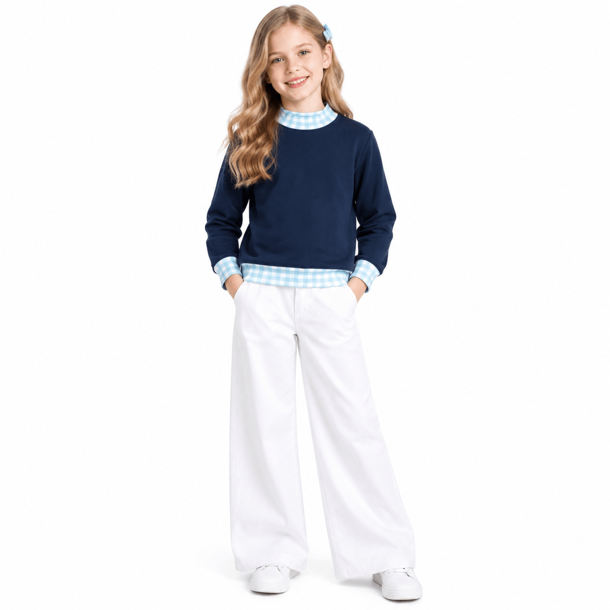 NO MOQ RTS GT1801 Baby Girl Clothes Navy Solid Blue Gingham Patchwork Long Sleeve Top 202610