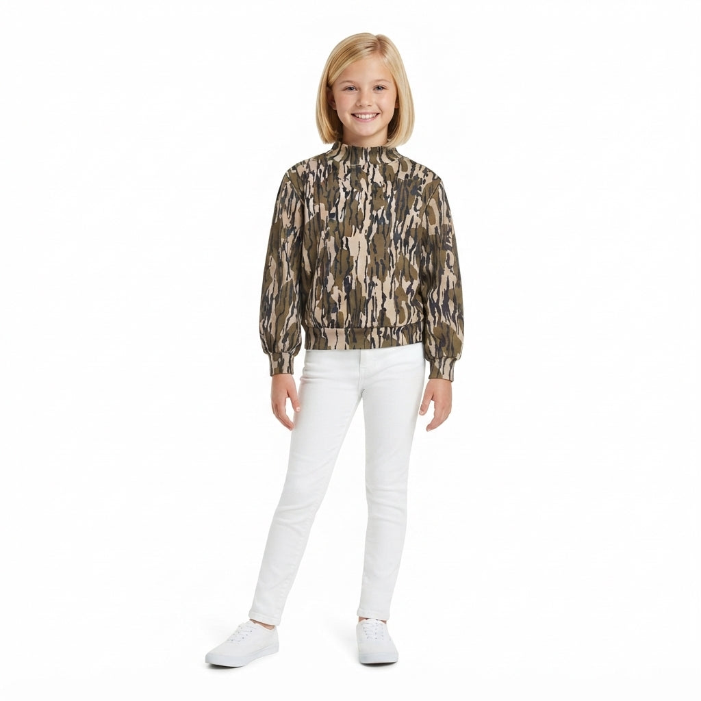 NO MOQ RTS GT1810-yoga Baby Girl Clothes Brown Tree Camo Allover Print Long Sleeve Mock Neck Sweatshirt 202610