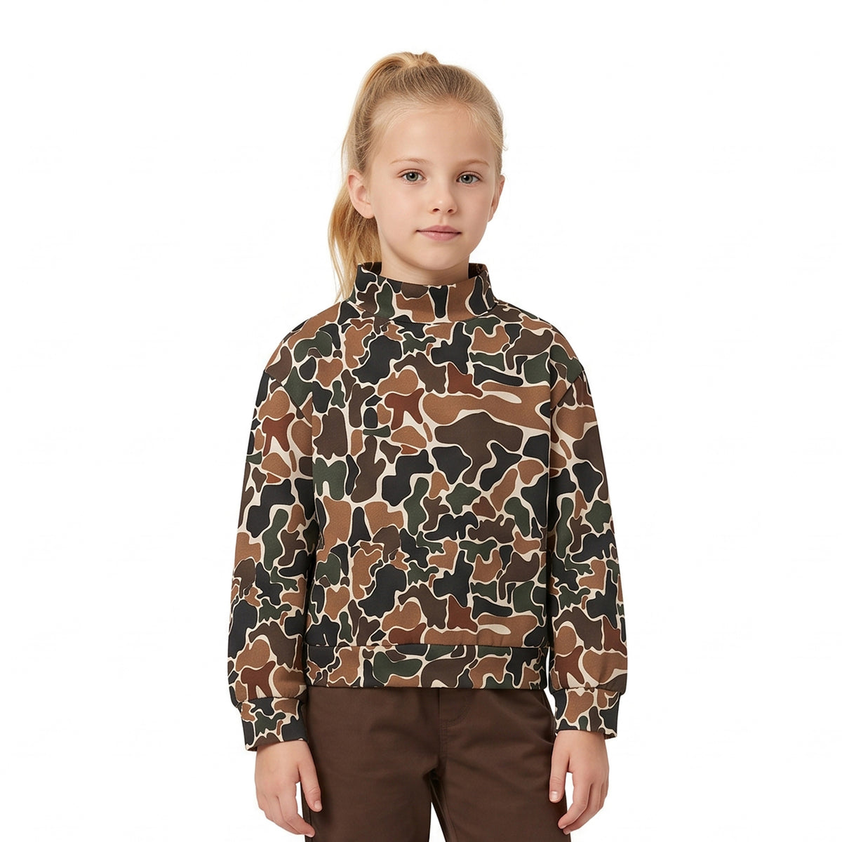 NO MOQ RTS GT1812(1)-yoga Baby Clothes Brown Camo Full Print Long Sleeve Mock Neck Pullover Top 202609