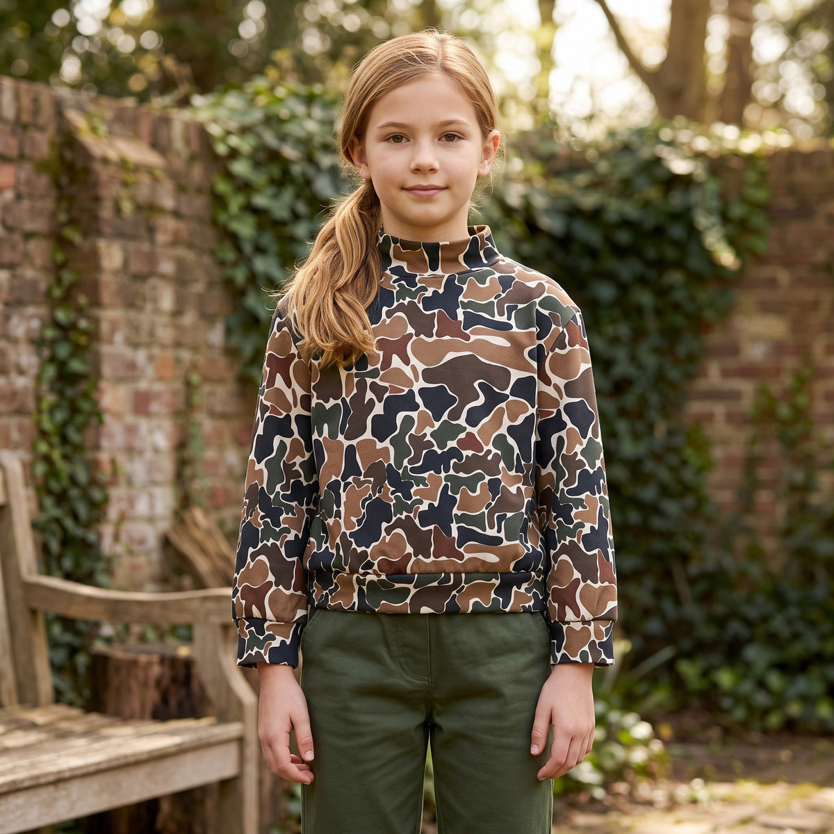 NO MOQ RTS GT1812(1)-yoga Baby Clothes Brown Camo Full Print Long Sleeve Mock Neck Pullover Top 202609