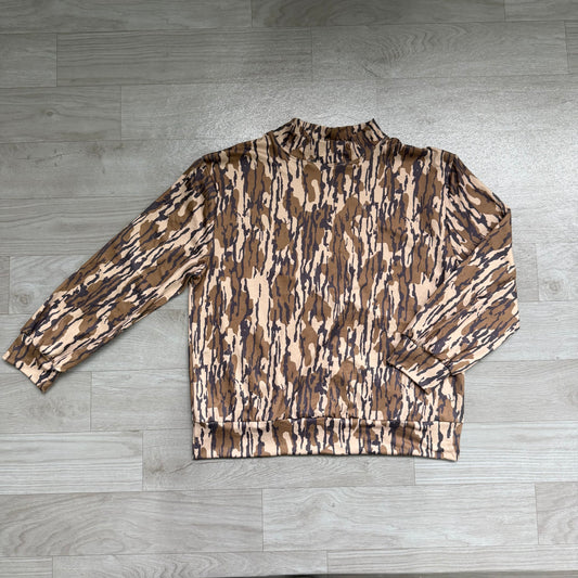 RTS GT1815 Brown Abstract Camo Print Mock Neck Women Athletic Yoga Long Sleeve Top 202608