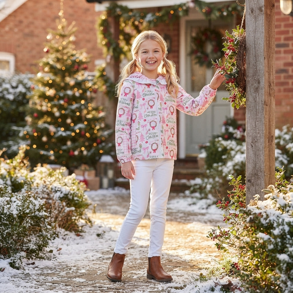 NO MOQ RTS GT1822 (2) Baby Girl Clothes Christmas Wreath Tree Allover Print Long Sleeve Ruffle Hooded Zip Jacket 202610
