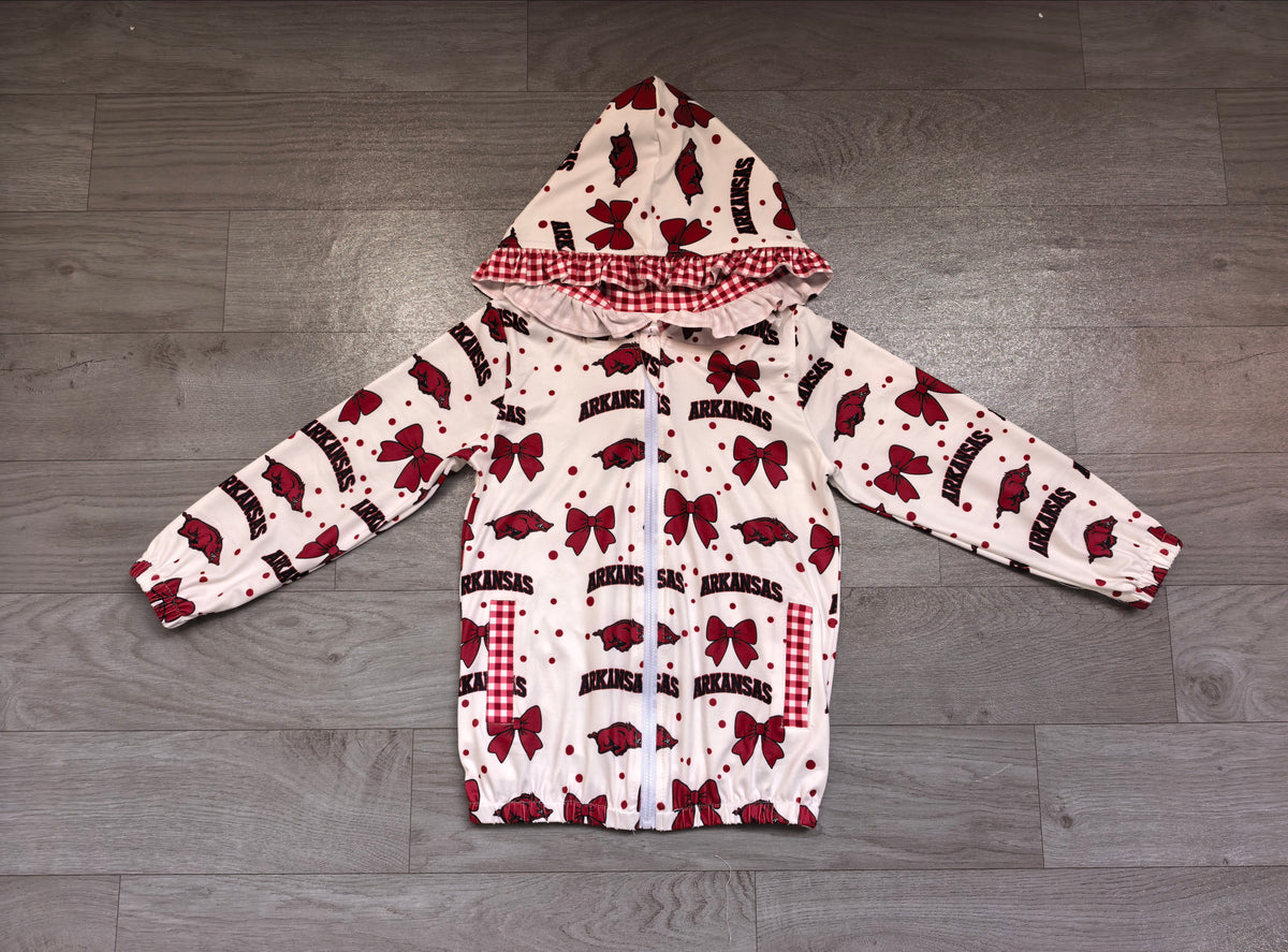 Sample-Real Pics GT1830 Baby Girl Clothes Arkansas Razorbacks Bow Dot Graphic Print Long Sleeve Ruffle Zip Hooded Jacket