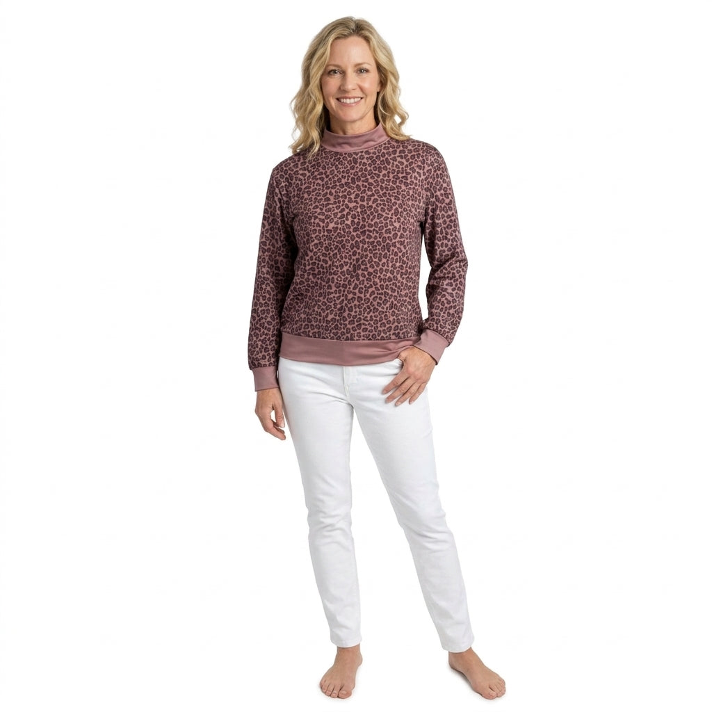 NO MOQ RTS GT1840-women Clothes Leopard Print Long Sleeve Mock Neck Top 202610