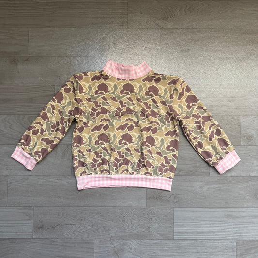 Sample-Real Pics GT1841 Baby Girl Clothes Duck Camo Pink Gingham Contrast Print Long Sleeve Mock Neck Sweatshirt