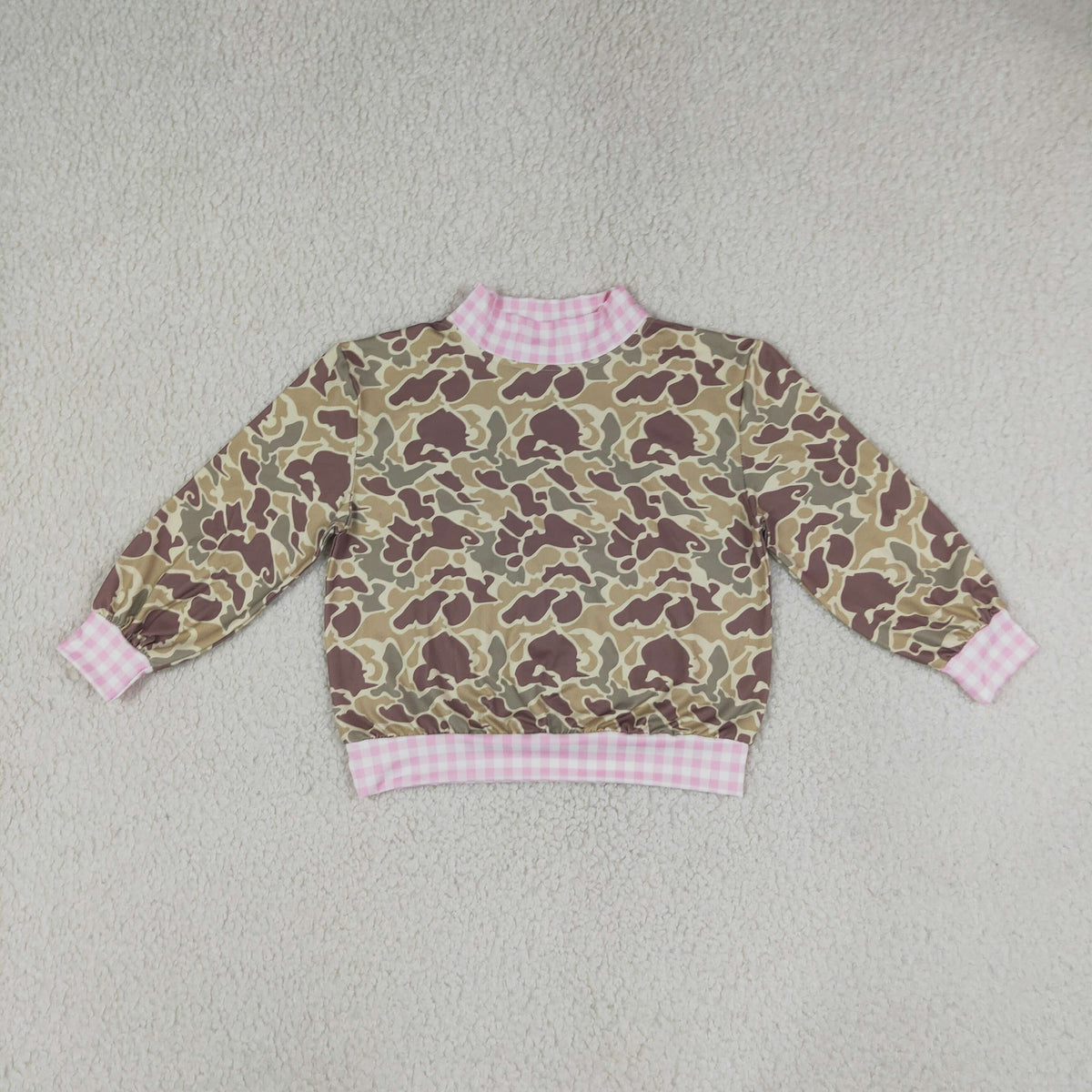 NO MOQ RTS GT1841 Baby Girl Clothes Camo Pink Gingham Spliced Print Long Sleeve Mock Neck Top 202609