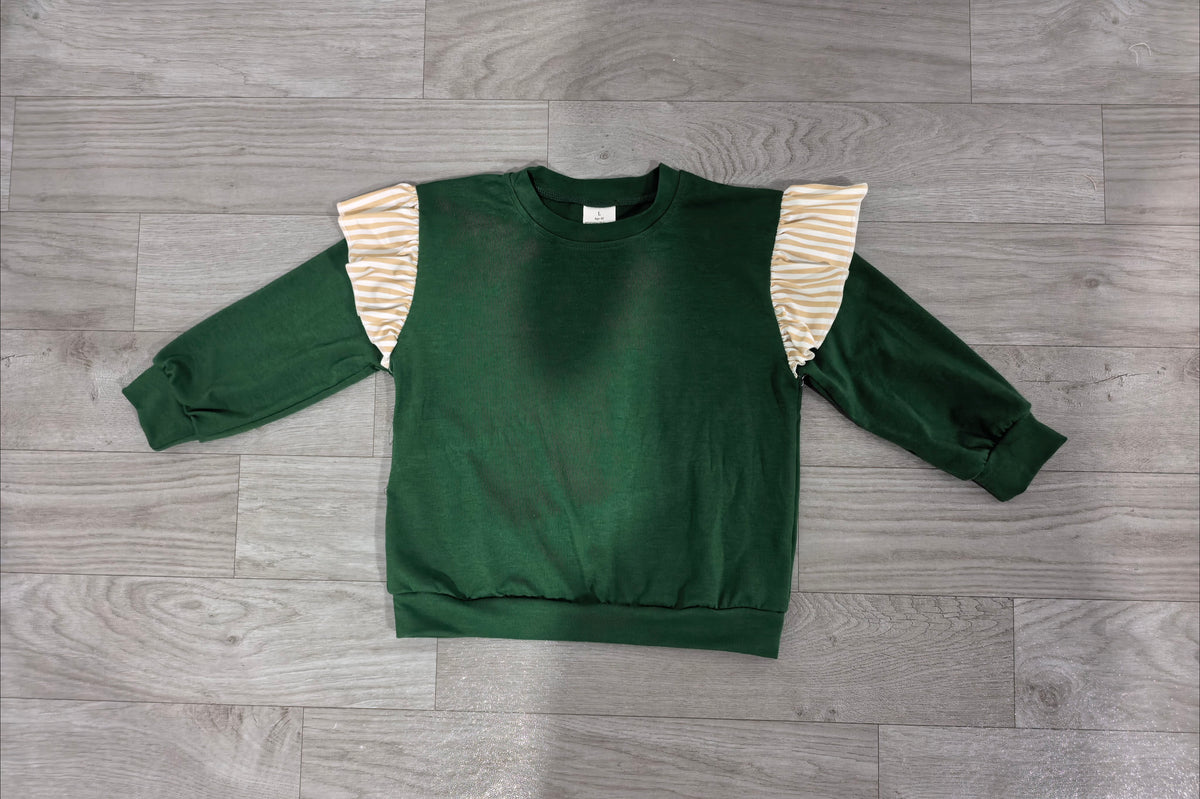 Sample-Real Pics GT1845 Baby Girl Clothes Solid Dark Green With Beige Stripe Ruffle Print Long Sleeve Sweatshirt