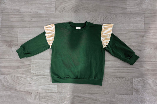 Sample-Real Pics GT1845 Baby Girl Clothes Solid Dark Green With Beige Stripe Ruffle Print Long Sleeve Sweatshirt