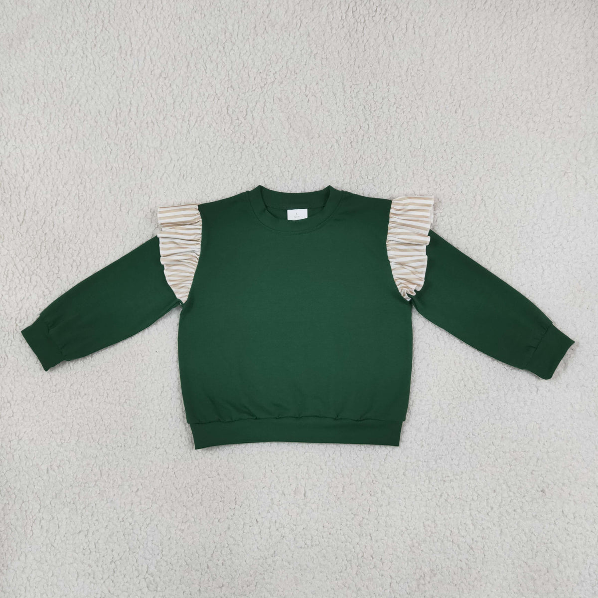 NO MOQ RTS GT1845 Baby Girl Clothes Solid Green Stripe Ruffle Spliced Long Sleeve Sweatshirt 202610