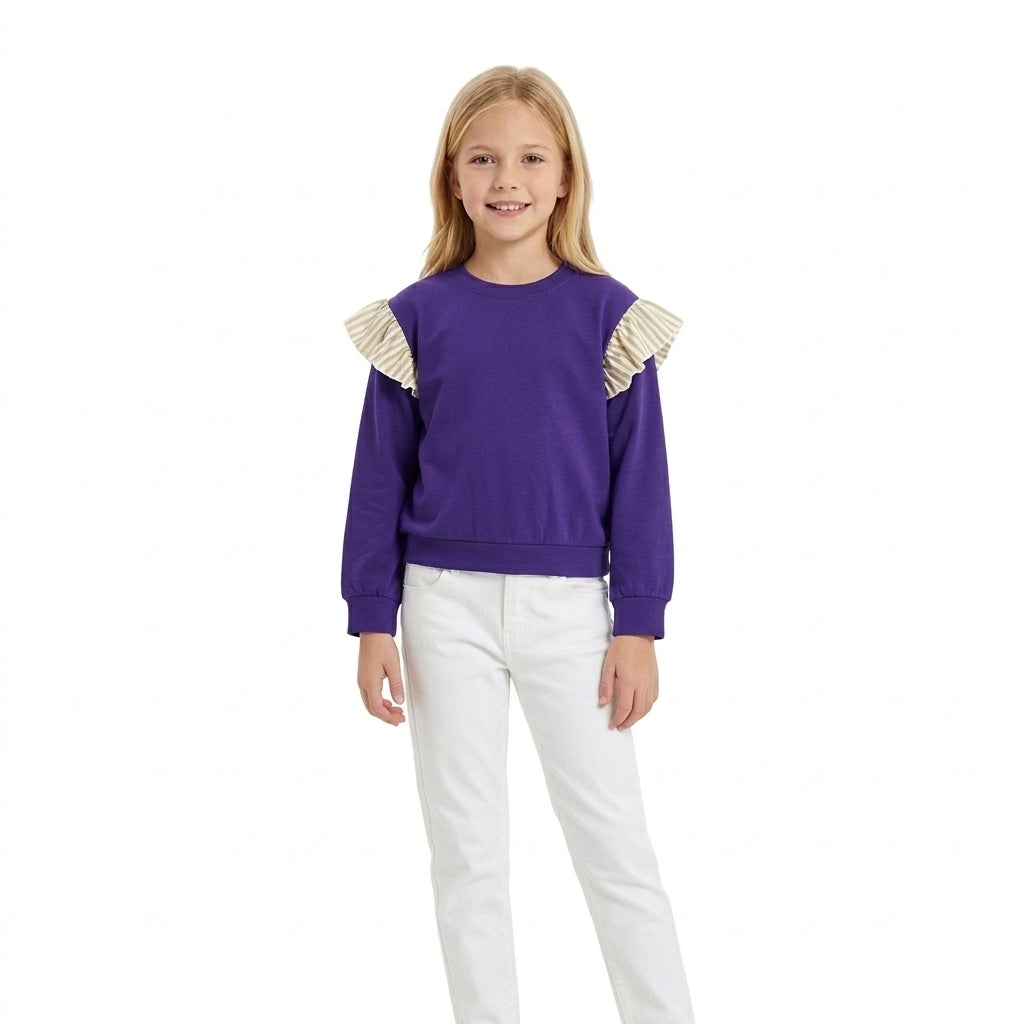 NO MOQ RTS GT1846 Girl Clothes Solid Purple Plain Print Long Sleeve Beige White Stripe Ruffle Shoulder Sweatshirt 202610