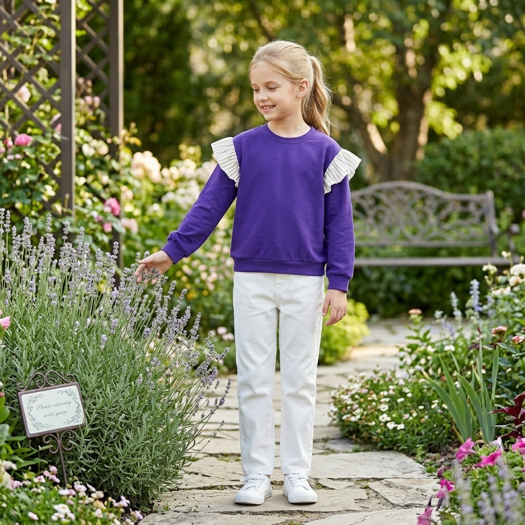 NO MOQ RTS GT1846 Girl Clothes Solid Purple Plain Print Long Sleeve Beige White Stripe Ruffle Shoulder Sweatshirt 202610