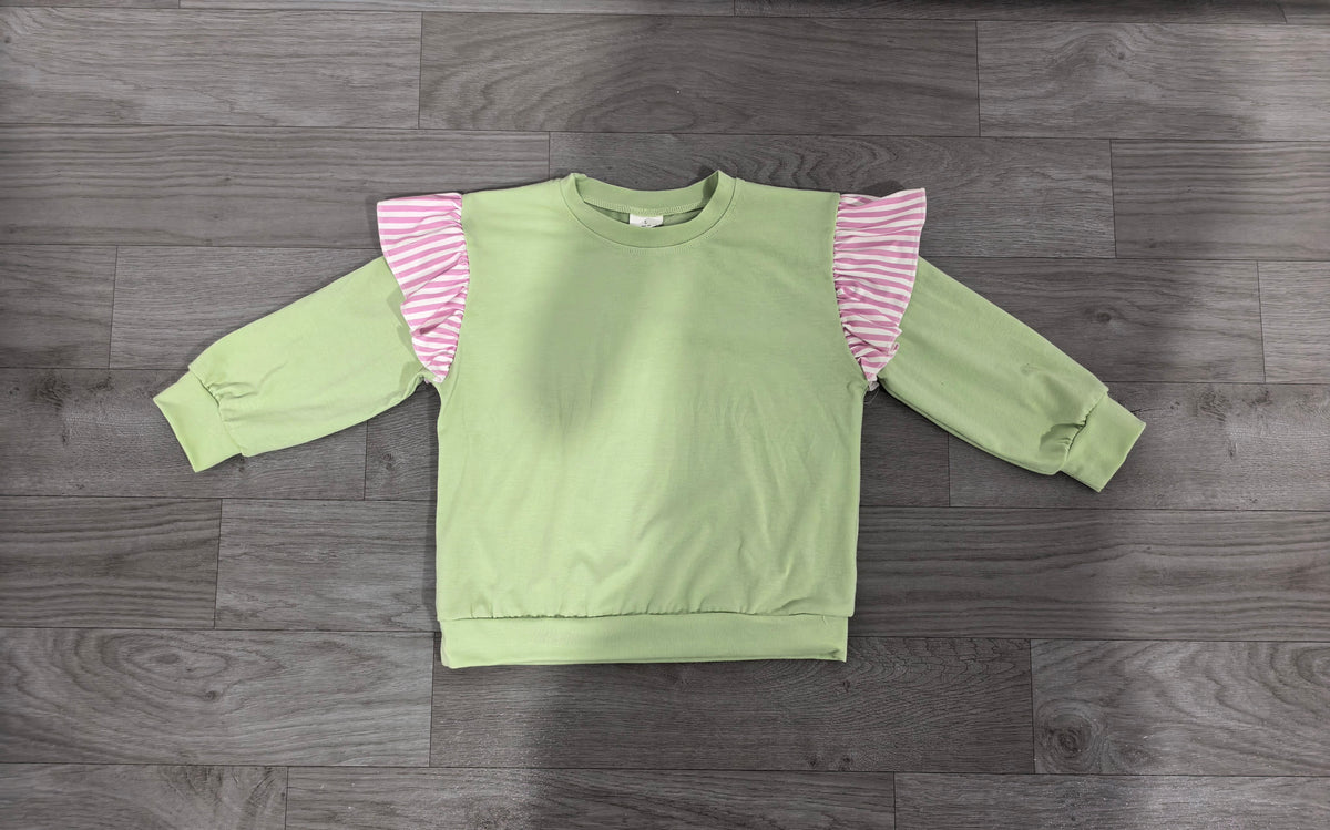 Sample-Real Pics GT1847 Baby Girl Clothes Solid Light Green With Pink Stripe Ruffle Print Long Sleeve Sweatshirt