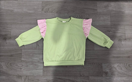 Sample-Real Pics GT1847 Baby Girl Clothes Solid Light Green With Pink Stripe Ruffle Print Long Sleeve Sweatshirt