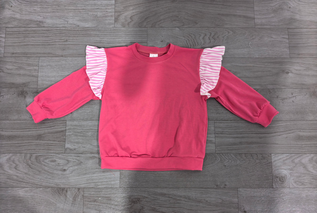 Sample-Real Pics GT1848Baby Girl Clothes Solid Rose Red With Pink Stripe Ruffle Print Long Sleeve Sweatshirt