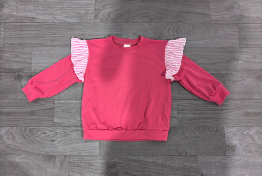 Sample-Real Pics GT1848 Baby Girl Clothes Solid Rose Red With Pink Stripe Ruffle Print Long Sleeve Sweatshirt