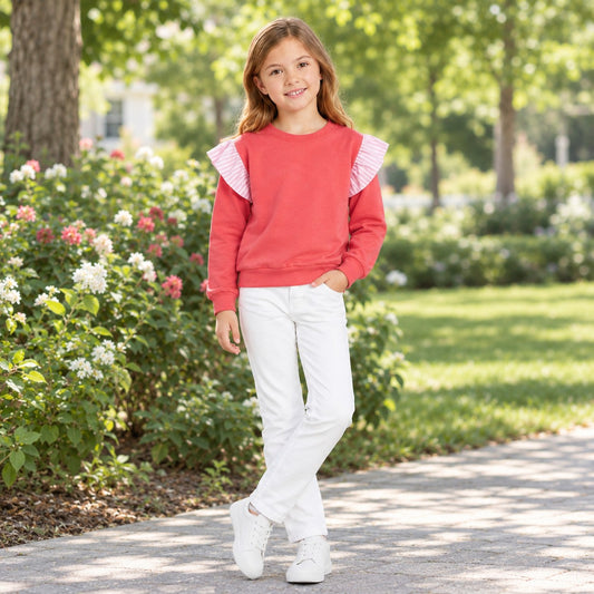NO MOQ RTS GT1848 Baby Girl Clothes Solid Red Plain Long Sleeve Striped Ruffle Shoulder Top 202610