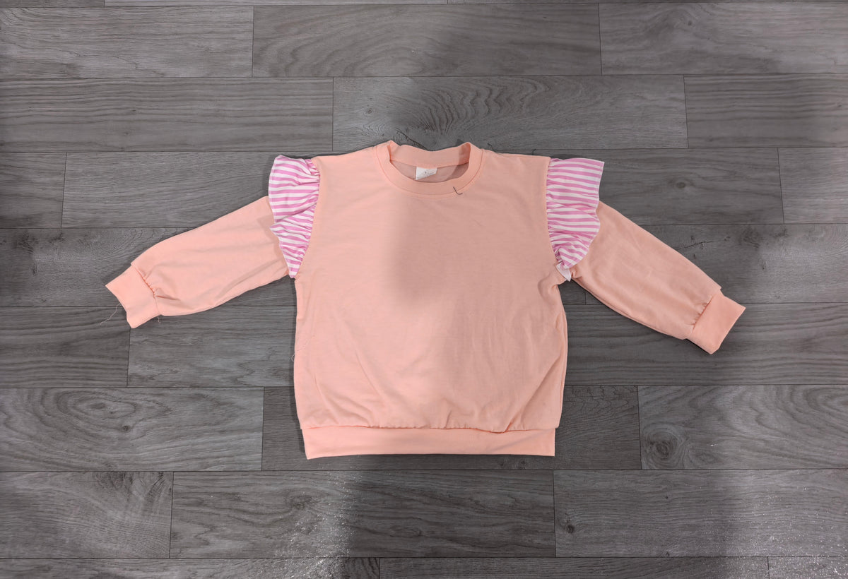 Sample-Real Pics GT1849 Baby Girl Clothes Solid Peach With Pink Stripe Ruffle Print Long Sleeve Sweatshirt
