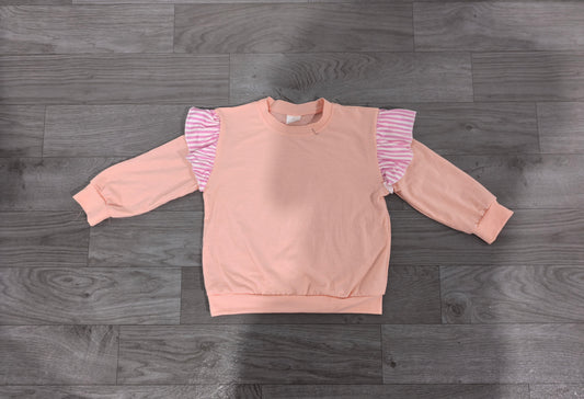 Sample-Real Pics GT1849 Baby Girl Clothes Solid Peach With Pink Stripe Ruffle Print Long Sleeve Sweatshirt