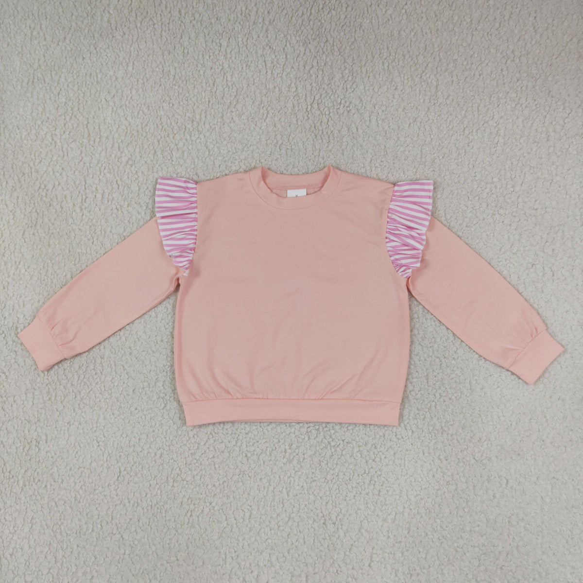 NO MOQ RTS GT1849 Baby Girl Clothes Solid Pink Stripe Ruffle Decor Plain Print Long Sleeve Top 202610