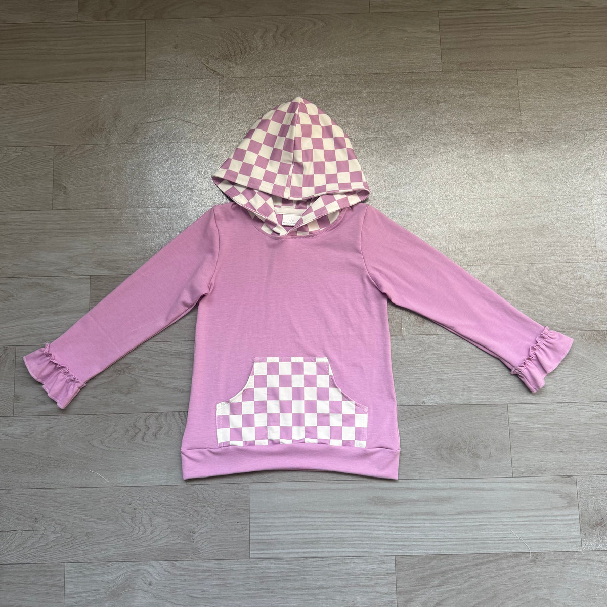 Sample-Real Pics GT1852 Baby Girl Clothes Checkerboard Print Long Sleeve Hooded Top With Ruffle Cuff
