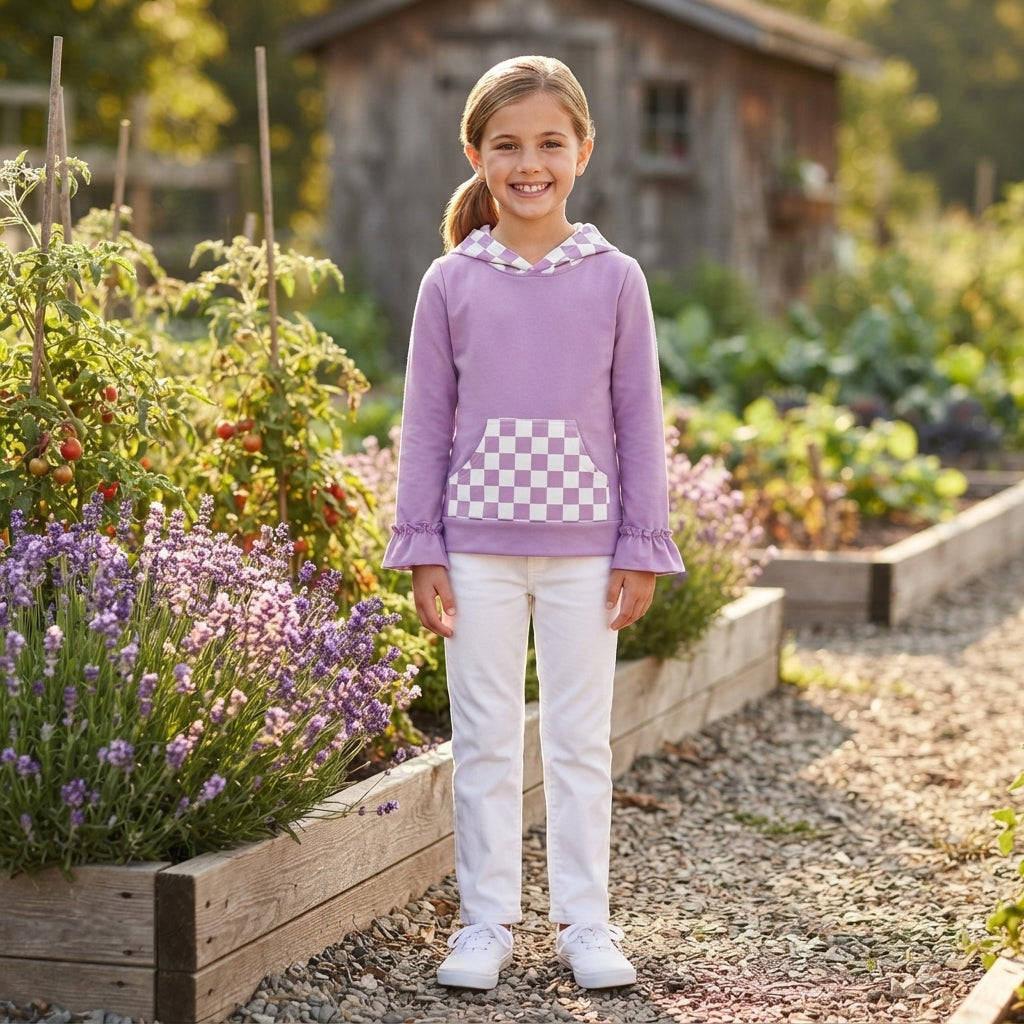 NO MOQ RTS GT1852 Baby Girl Clothes Purple Checker Spliced Print Long Sleeve Hooded Top 202609