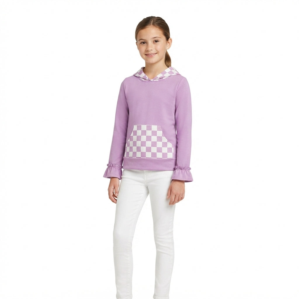 NO MOQ RTS GT1852 Baby Girl Clothes Purple Checker Spliced Print Long Sleeve Hooded Top 202609
