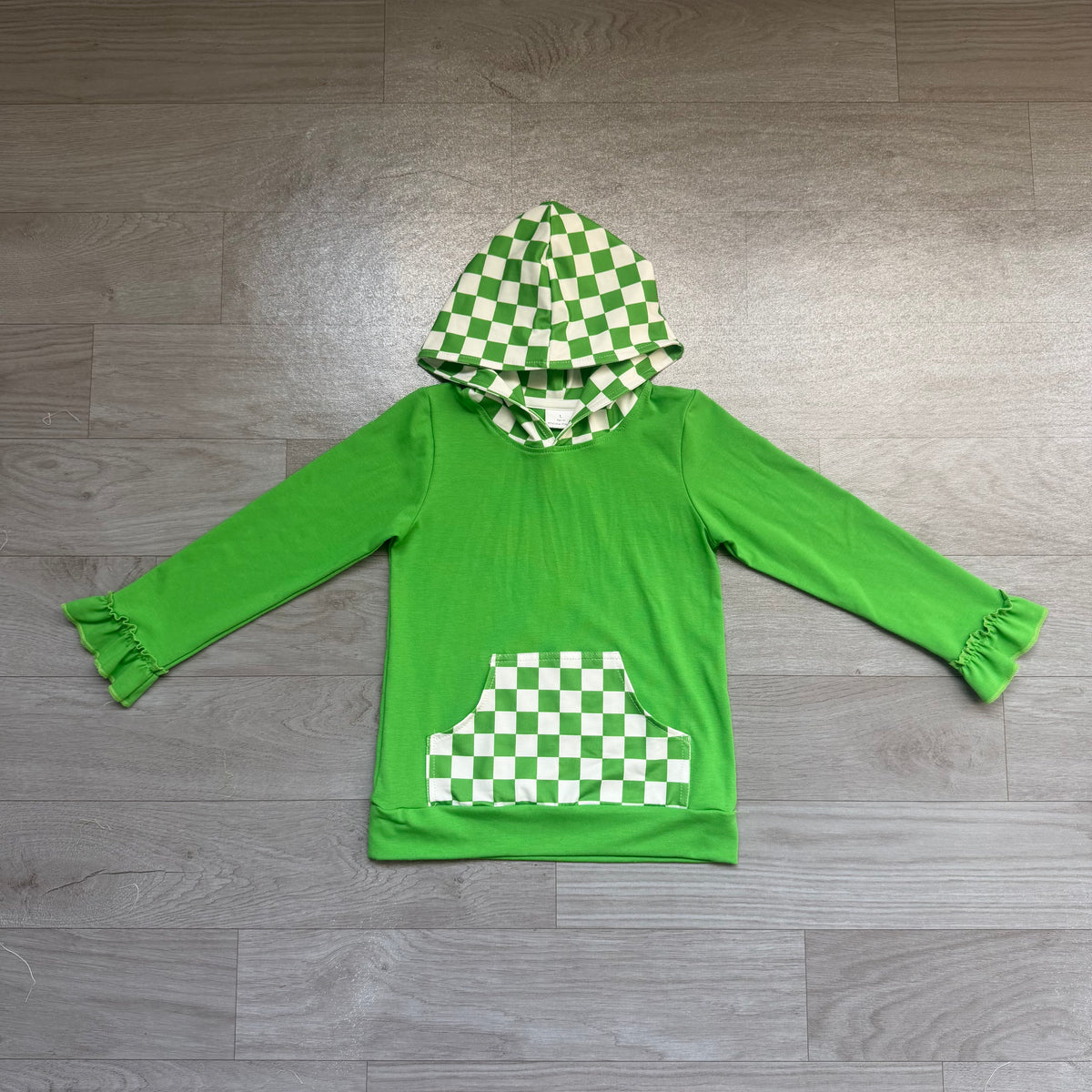 Sample-Real Pics GT1855 Baby Girl Clothes Checkerboard Print Long Sleeve Hooded Top With Ruffle Cuff