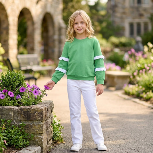 NO MOQ RTS GT1858 Girl Clothes Solid Green Plain Print Long Sleeve Double White Ruffle Sleeve Sweatshirt 202610