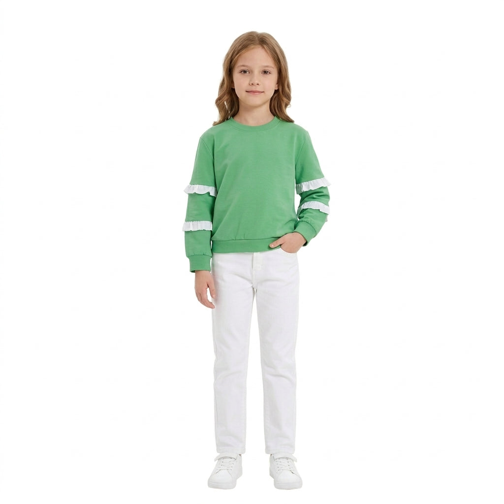NO MOQ RTS GT1858 Girl Clothes Solid Green Plain Print Long Sleeve Double White Ruffle Sleeve Sweatshirt 202610