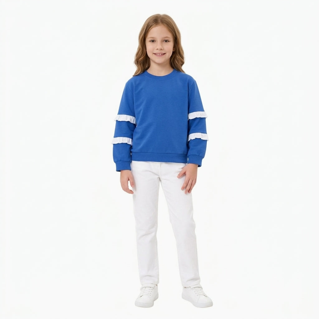 NO MOQ RTS GT1860 Girl Clothes Solid Blue Plain Print Long Sleeve Double White Ruffle Sleeve Sweatshirt 202610