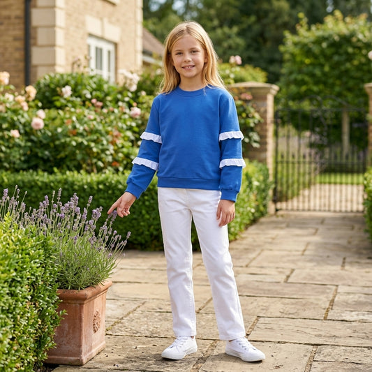 NO MOQ RTS GT1860 Girl Clothes Solid Blue Plain Print Long Sleeve Double White Ruffle Sleeve Sweatshirt 202610