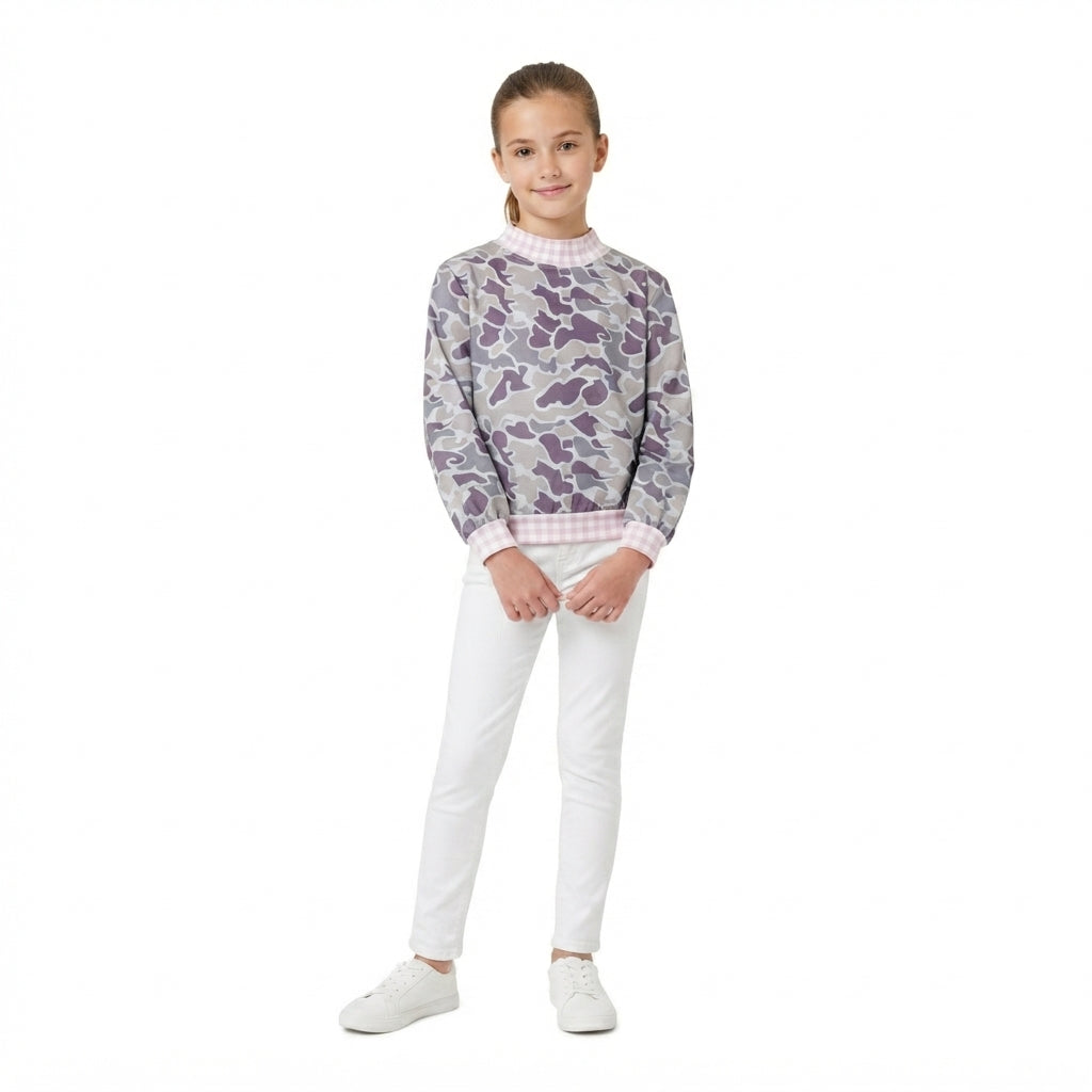 NO MOQ RTS GT1873 Baby Girl Clothes Purple Camo Gingham Trim Mixed Print Long Sleeve Top 202610