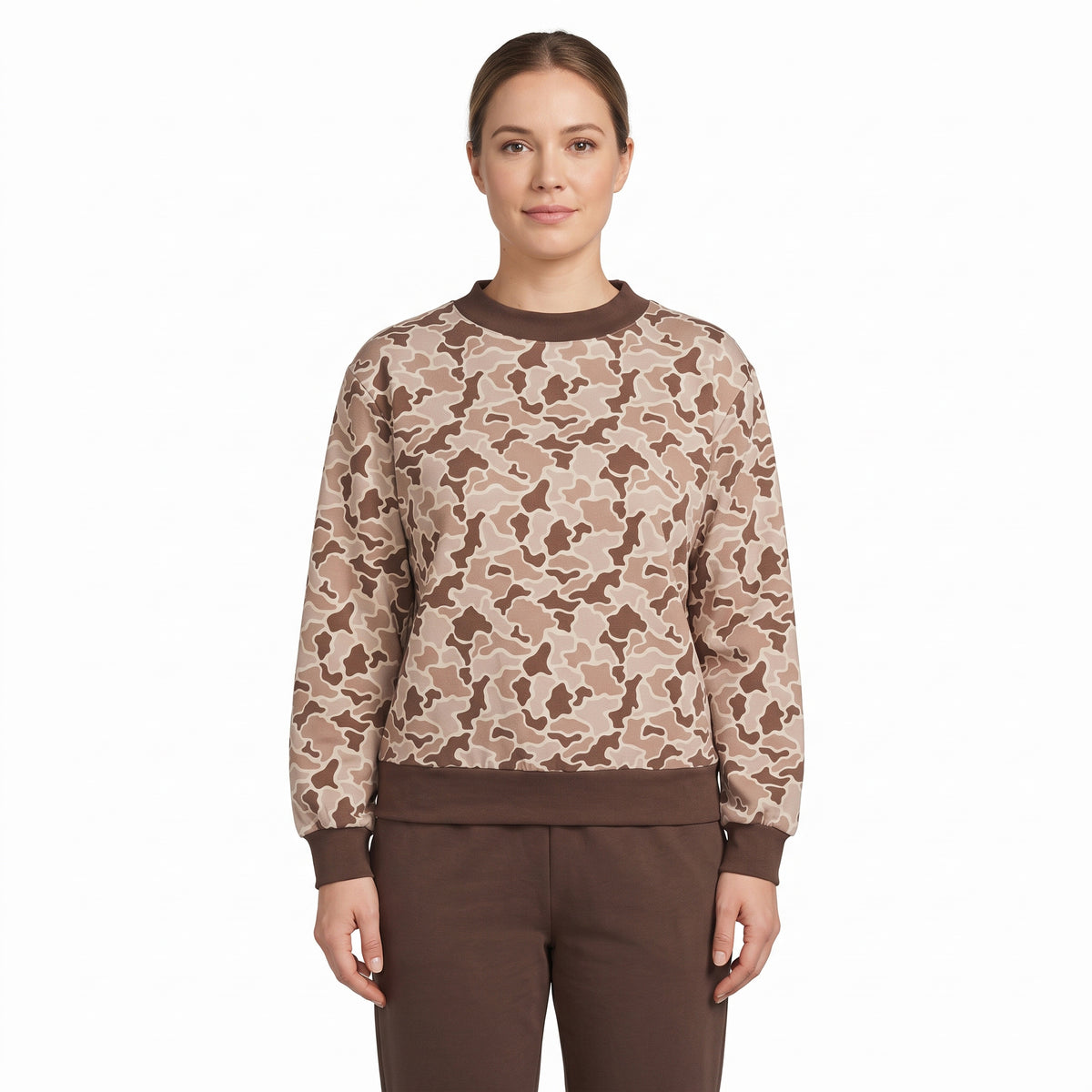 NO MOQ RTS GT1879 women Clothes Taupe Camo Full Print Long Sleeve Mock Neck Sweatshirt 202609