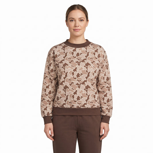 NO MOQ RTS GT1879 women Clothes Taupe Camo Full Print Long Sleeve Mock Neck Sweatshirt 202609