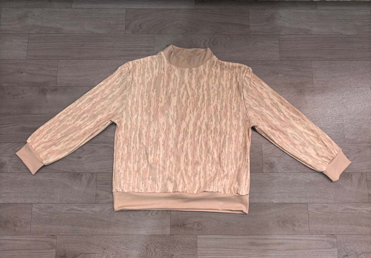 Sample-Real Pics GT1881 Women Clothes Beige Abstract Camo Print Long Sleeve Mock Neck Sweatshirt