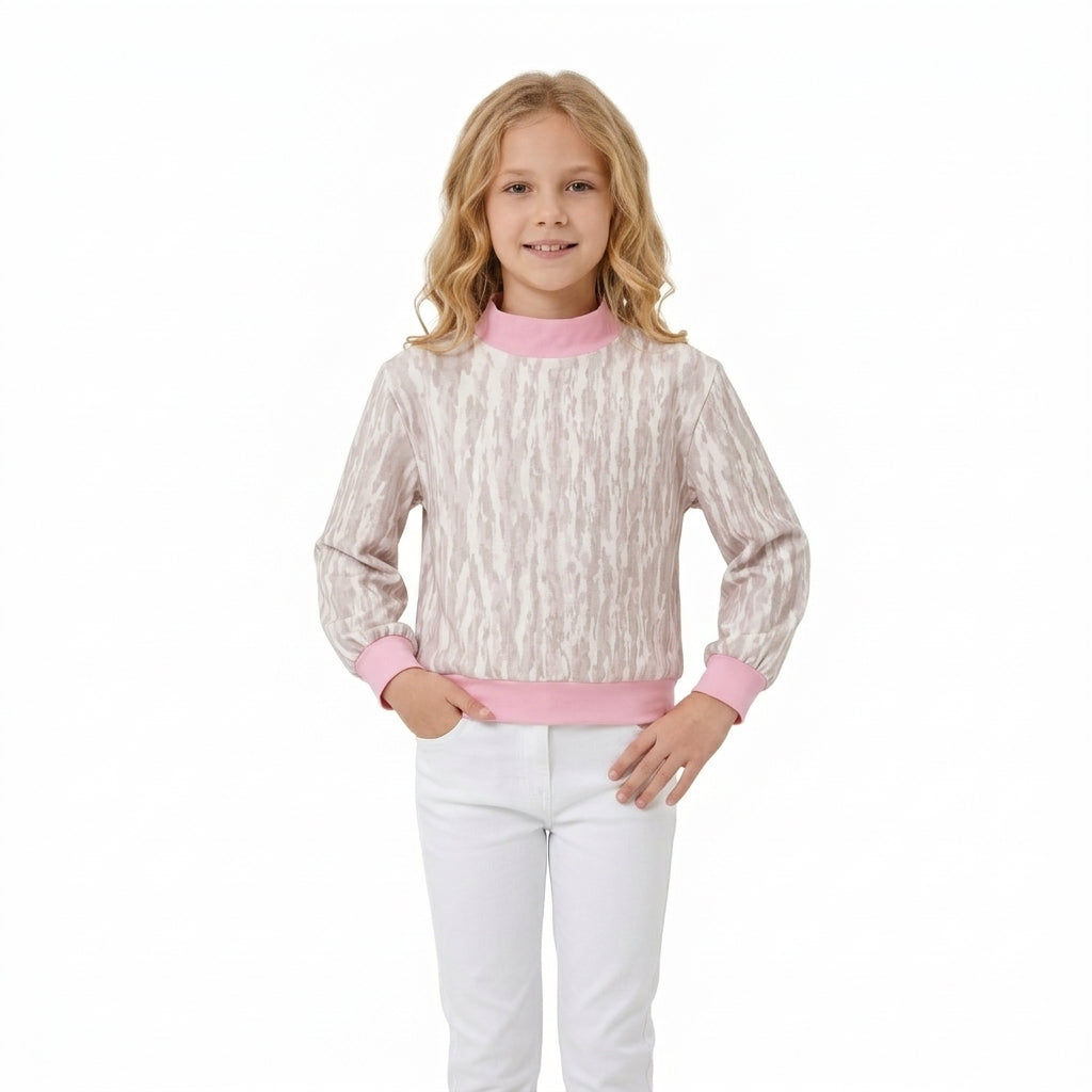NO MOQ RTS GT1889-yoga Baby Girl Clothes Pink Camo Brushstroke Print Long Sleeve Mock Neck Top 202610