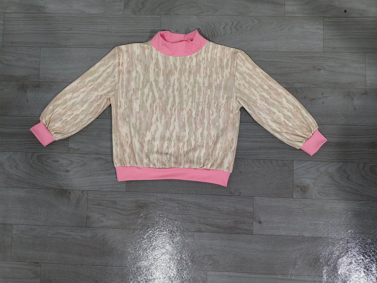 Sample-Real Pics GT1889 Baby Girl Clothes Light Camo Texture Print Long Sleeve Mock Neck Blouse Top