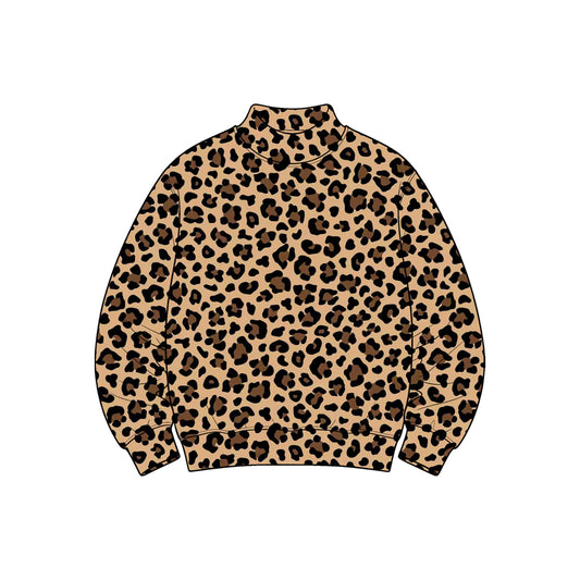 Preorder GT1914 Brown Leopard Print  Yoga Pullover for Women Stretch Mock Neck Long Sleeve Active Top