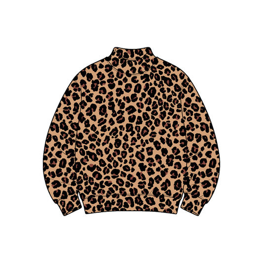 Preorder GT1915 Dark Brown Leopard Print Yoga Pullover for Women Stretch Mock Neck Long Sleeve Active Top
