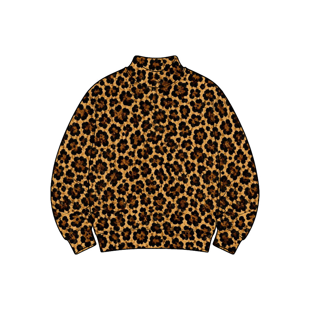 Preorder GT1916 Coffee Brown Leopard Print Yoga Pullover for Women Stretch Mock Neck Long Sleeve Active Top