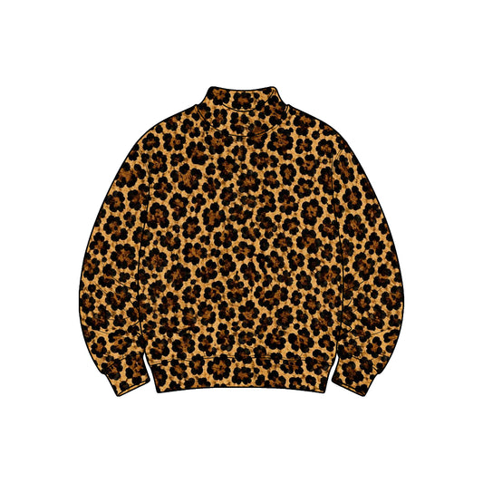 Preorder GT1916 Coffee Brown Leopard Print Yoga Pullover for Women Stretch Mock Neck Long Sleeve Active Top
