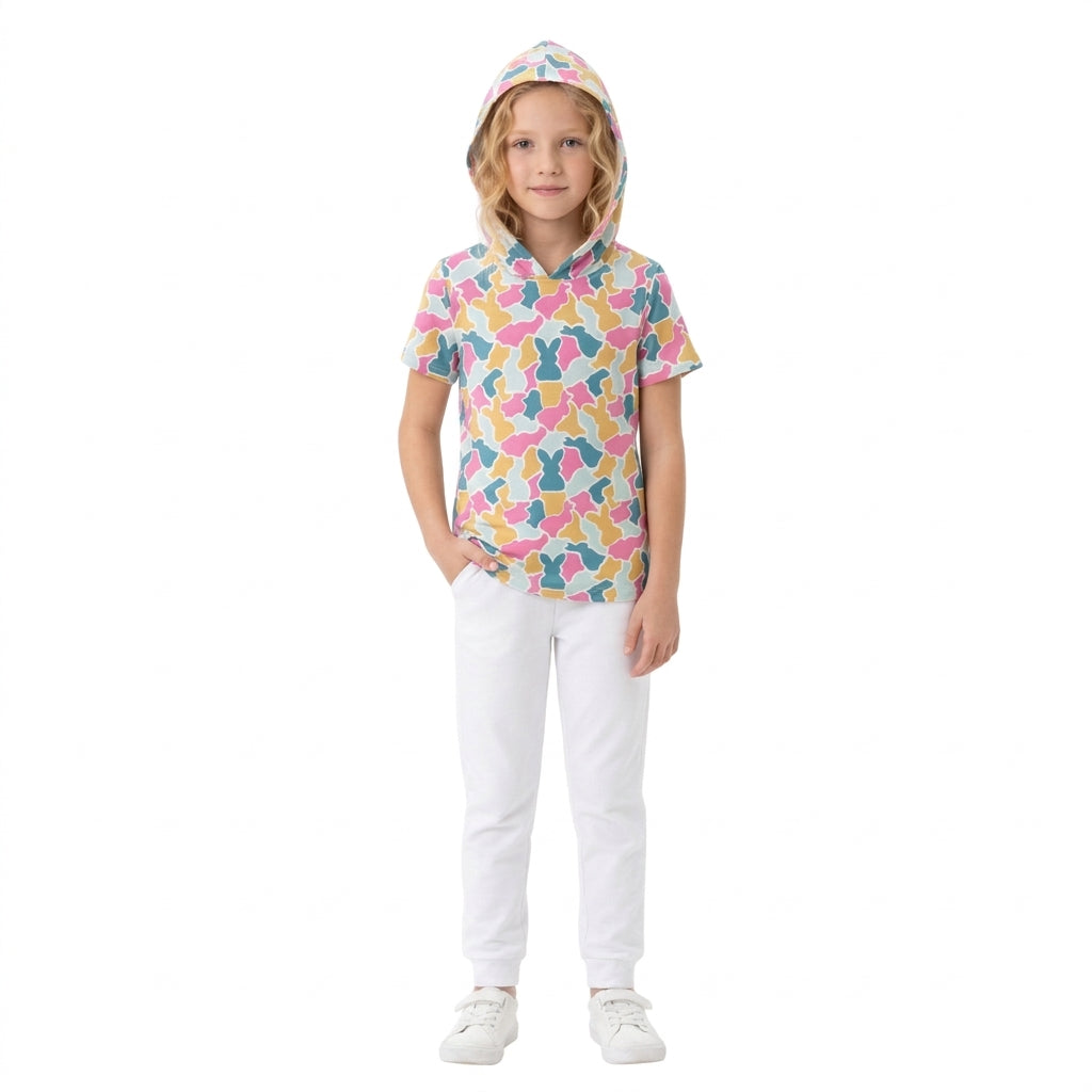 NO MOQ RTS GT1919 Baby Girl Clothes Easter Bunny Silhouette Camo Print Short Sleeve Hooded Tee 202610