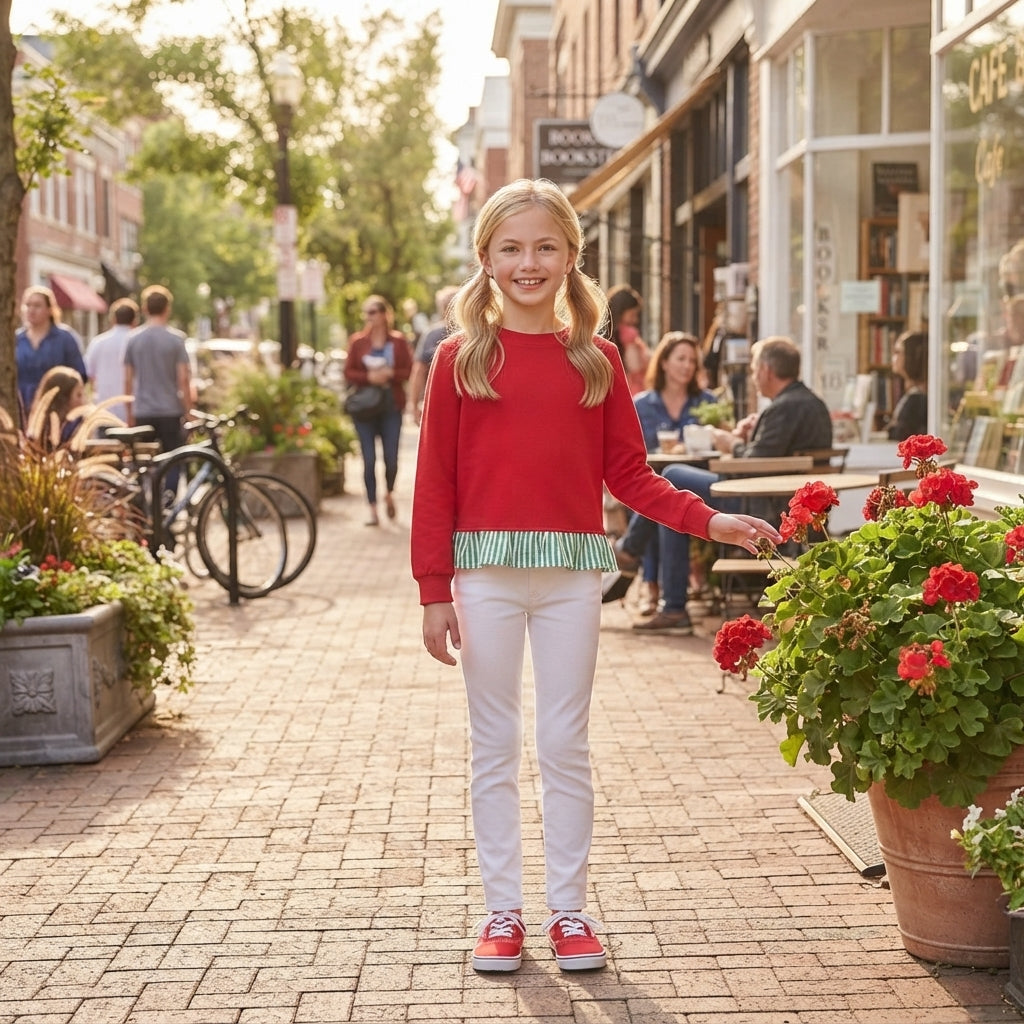 NO MOQ RTS GT1935 (2) Baby Girl Clothes Solid Red Plain Print Long Sleeve Green Striped Ruffle Hem Sweatshirt 202610