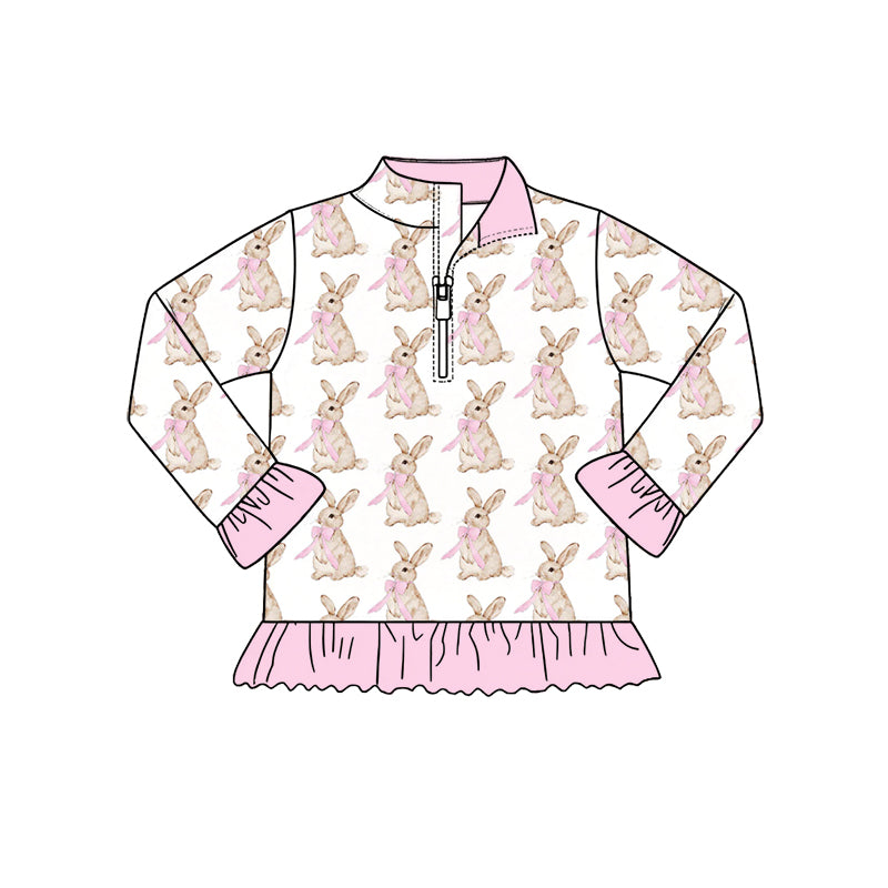 Preorder (moq 5) GT1940 Baby Girl Clothes Pink Bow Bunny Allover Print Long Sleeve Quarter Zip Ruffle Hem Top