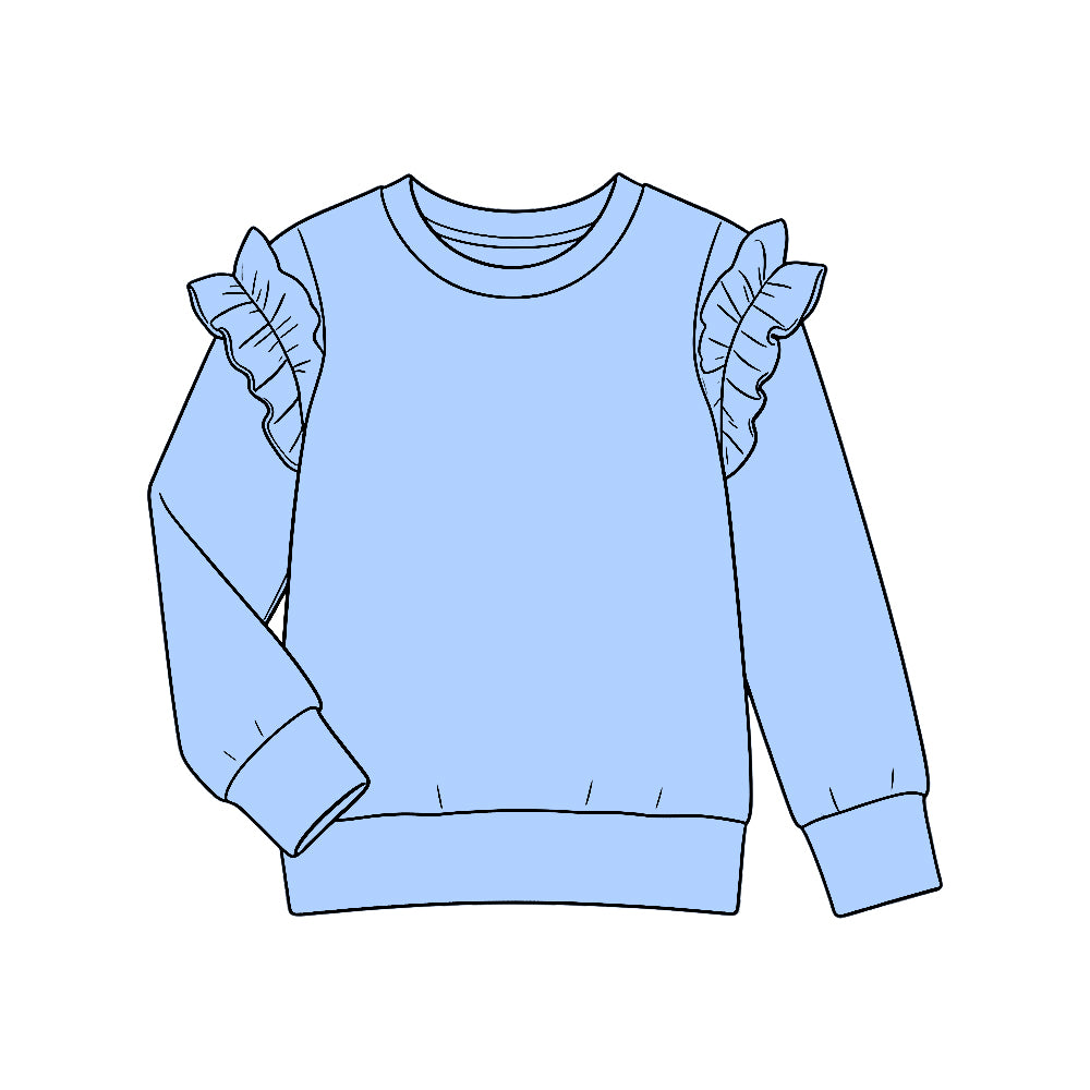 Preorder (moq 5) GT1948 Baby Girl Clothes Solid Light Blue Ruffle Shoulder Long Sleeve Tee Top