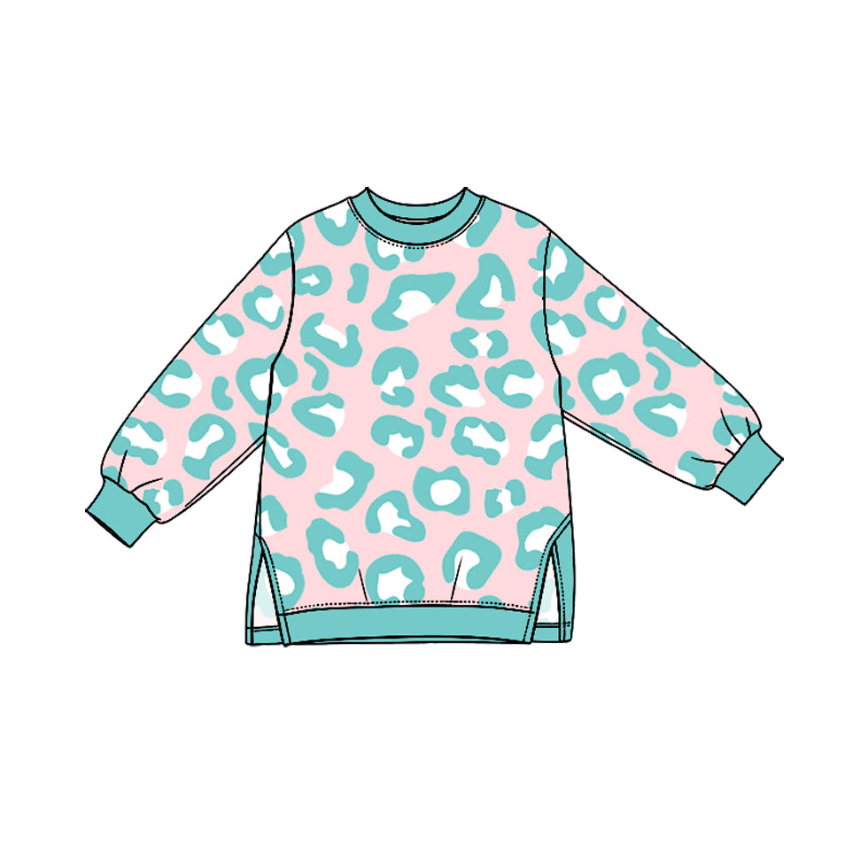 Preorder (moq 5) GT1953 Baby Girl Clothes Mint Pink Leopard Print Long Sleeve Side Slit Tunic Top